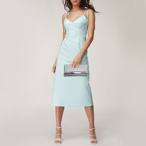 JIMMY CHOO Silver Glitter and Leather Metal Logo Flap Clutch - Picture 2 of 8